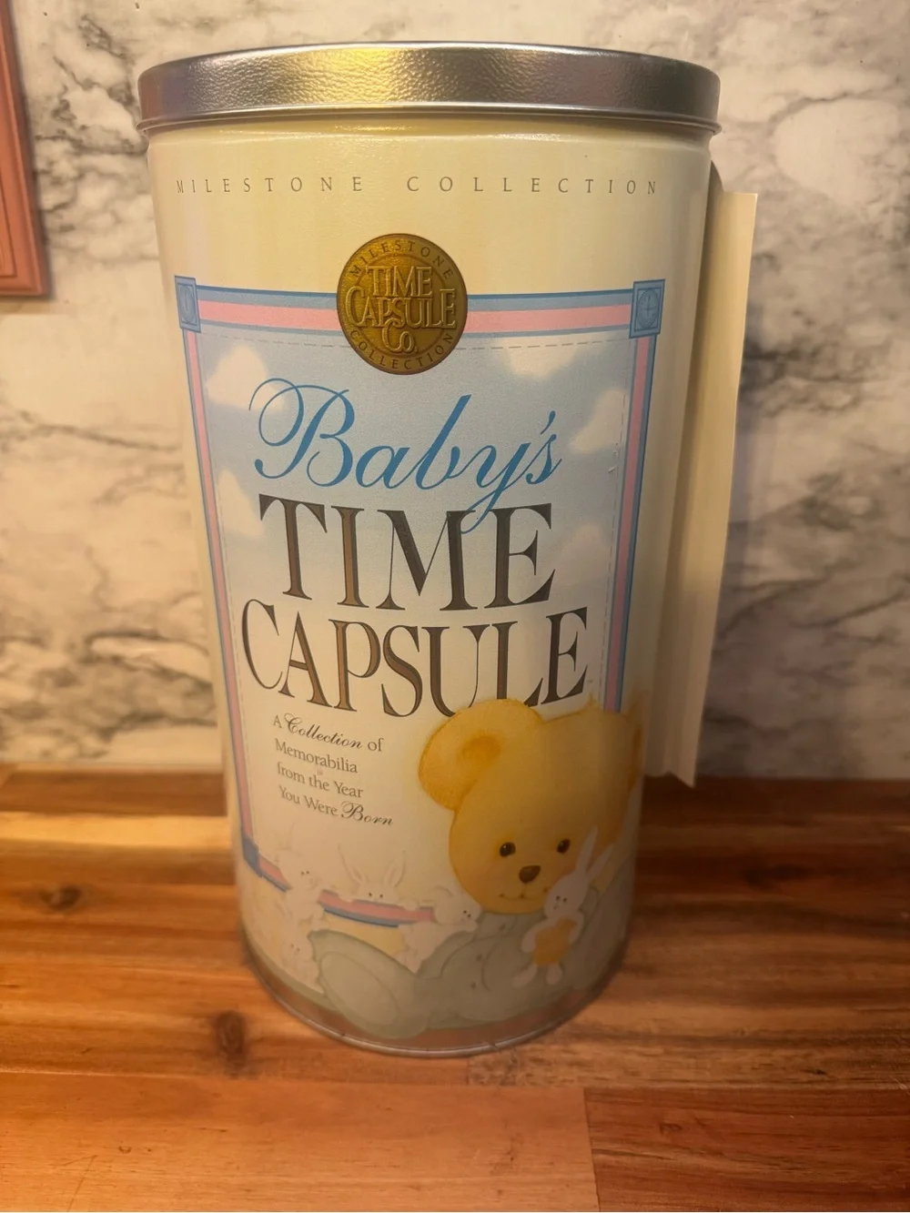 Baby's Time Capsule Milestone Collection Tin - Pale Yellow & Blue